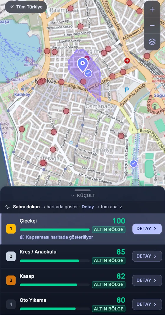 Nereye Açsam? uygulaması: Kadıköy'de bir noktanın sektör puanları